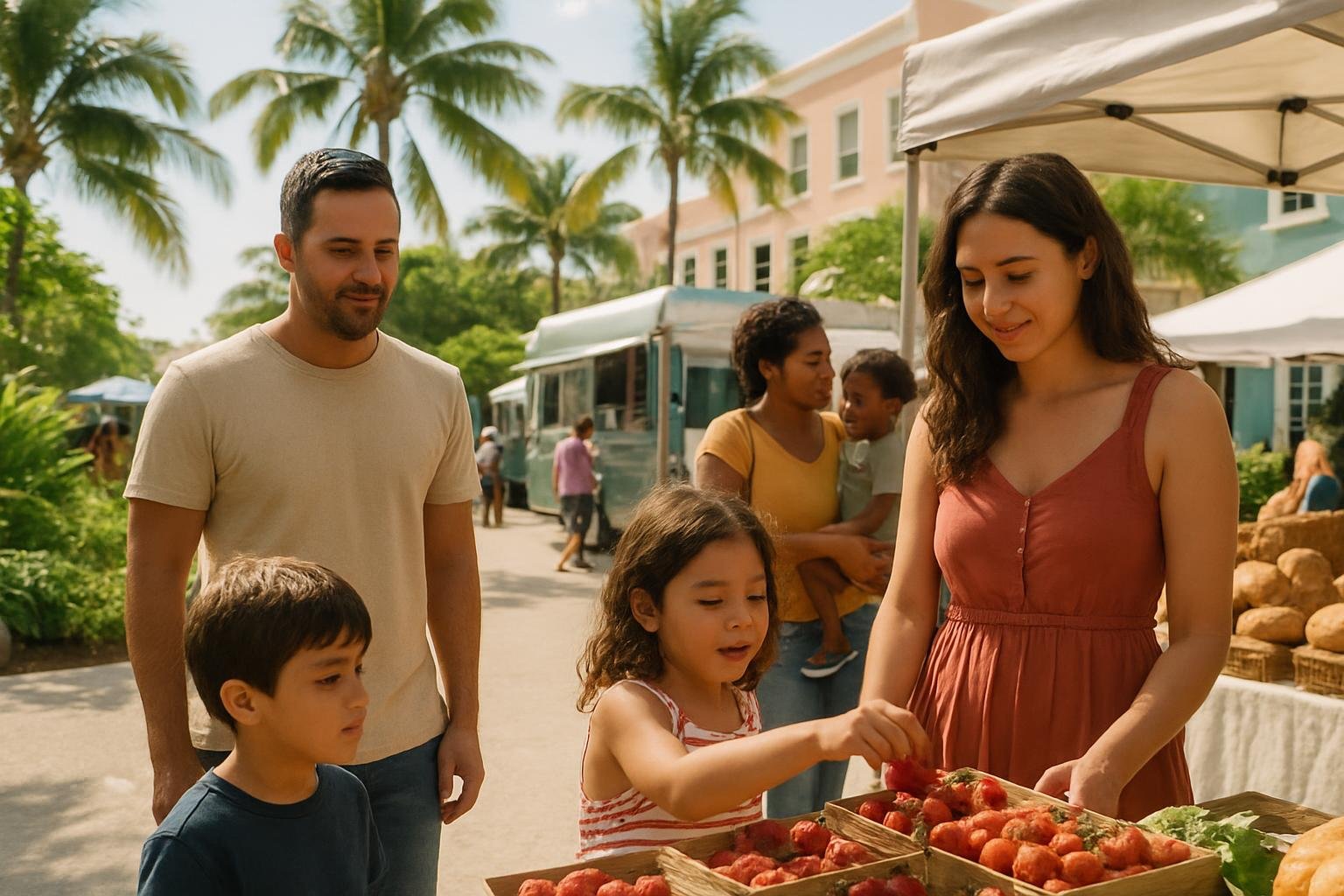 Families and visitors exploring a Miami food market with food trucks, fresh produce, and bakeries.