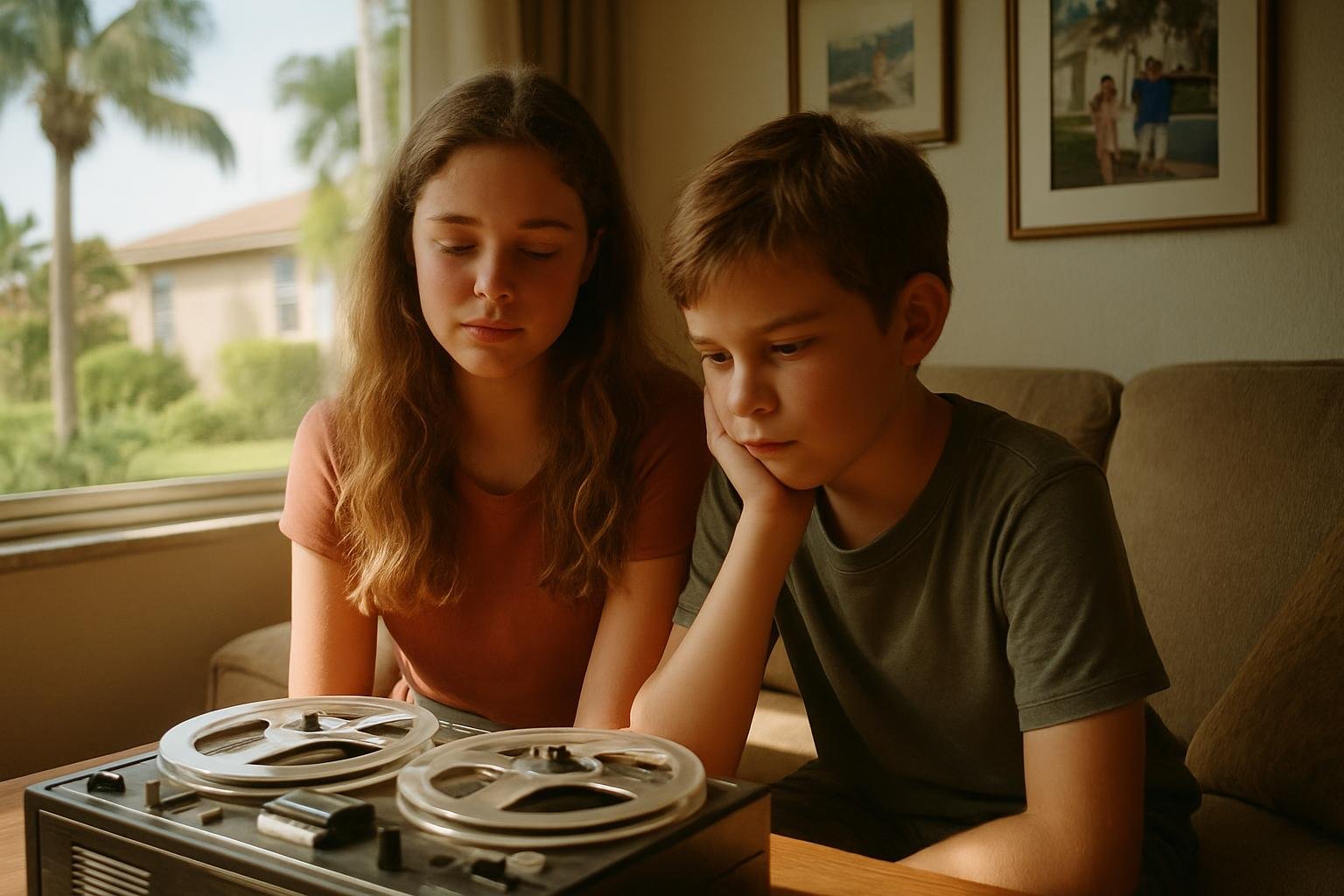 Siblings listening to a recording in a sunlit Florida living room