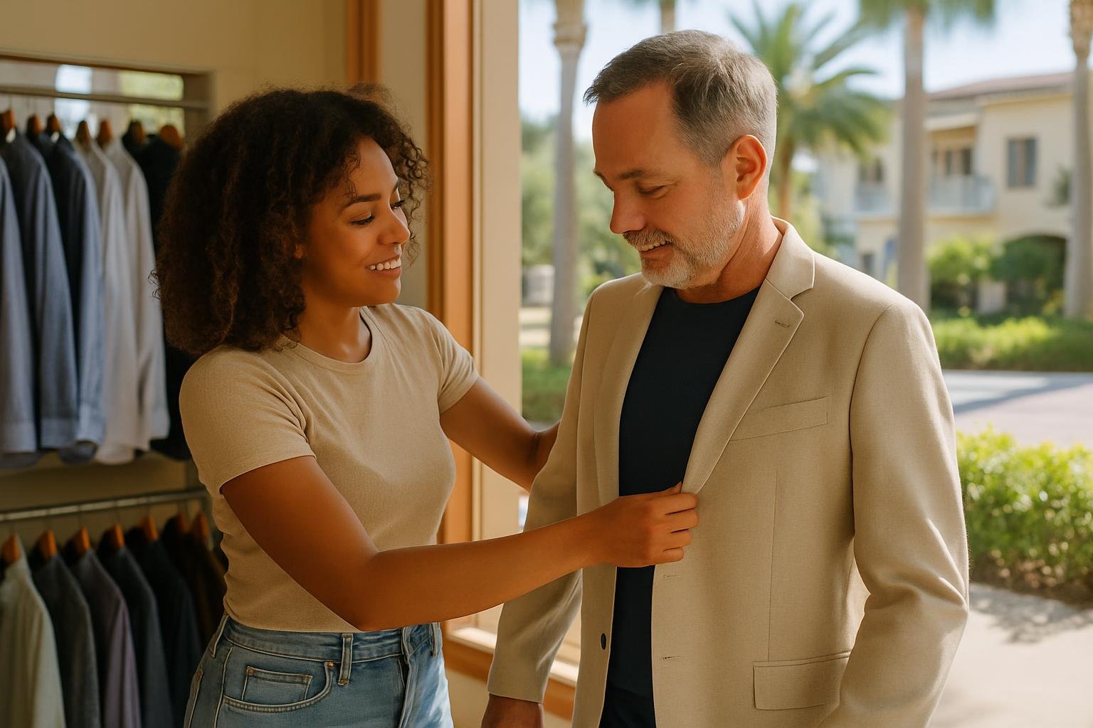 Tampa personal stylist helping a client select a blazer inside a clothing store