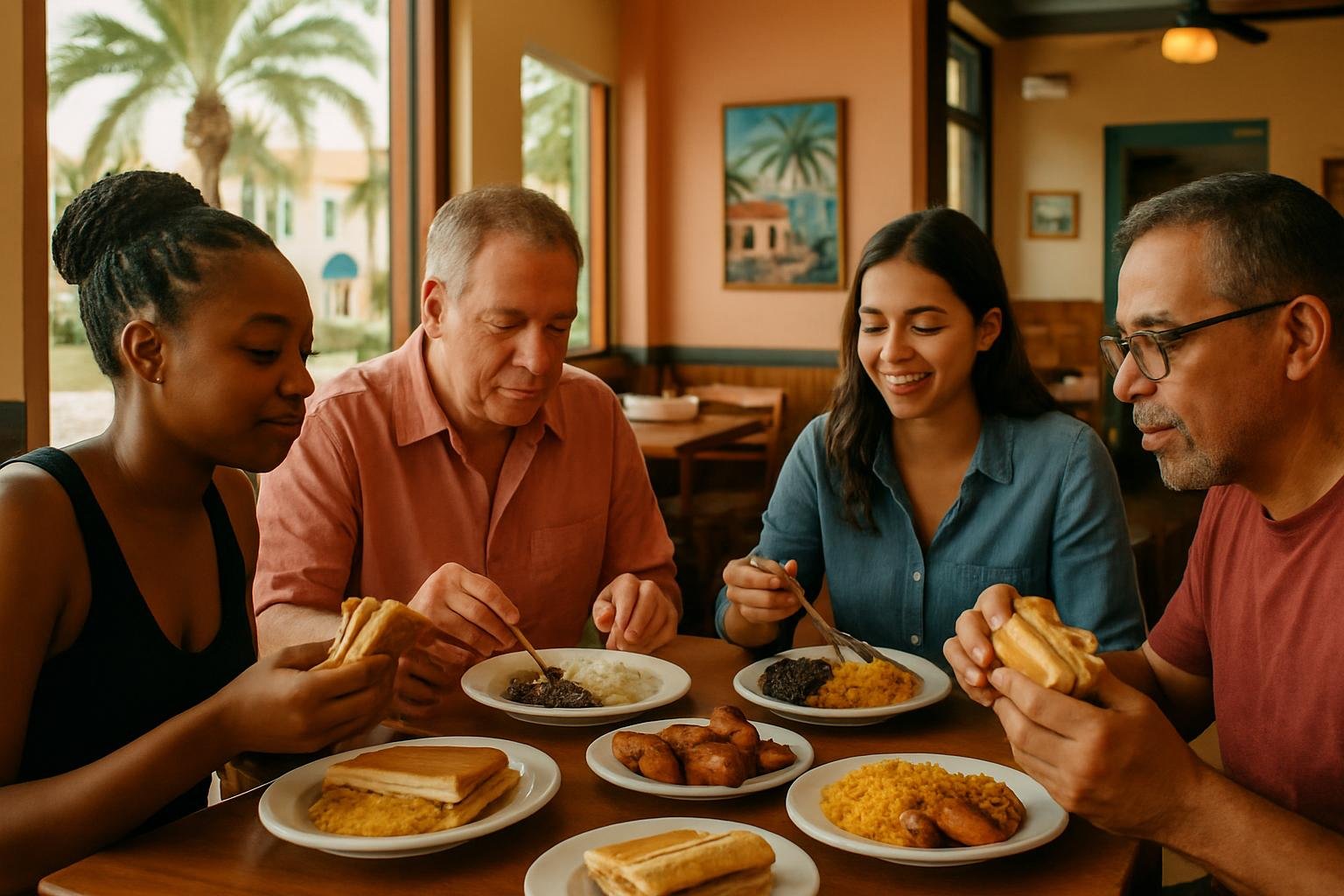 Elegant Coral Gables Cuban restaurant interior with customers sharing traditional food