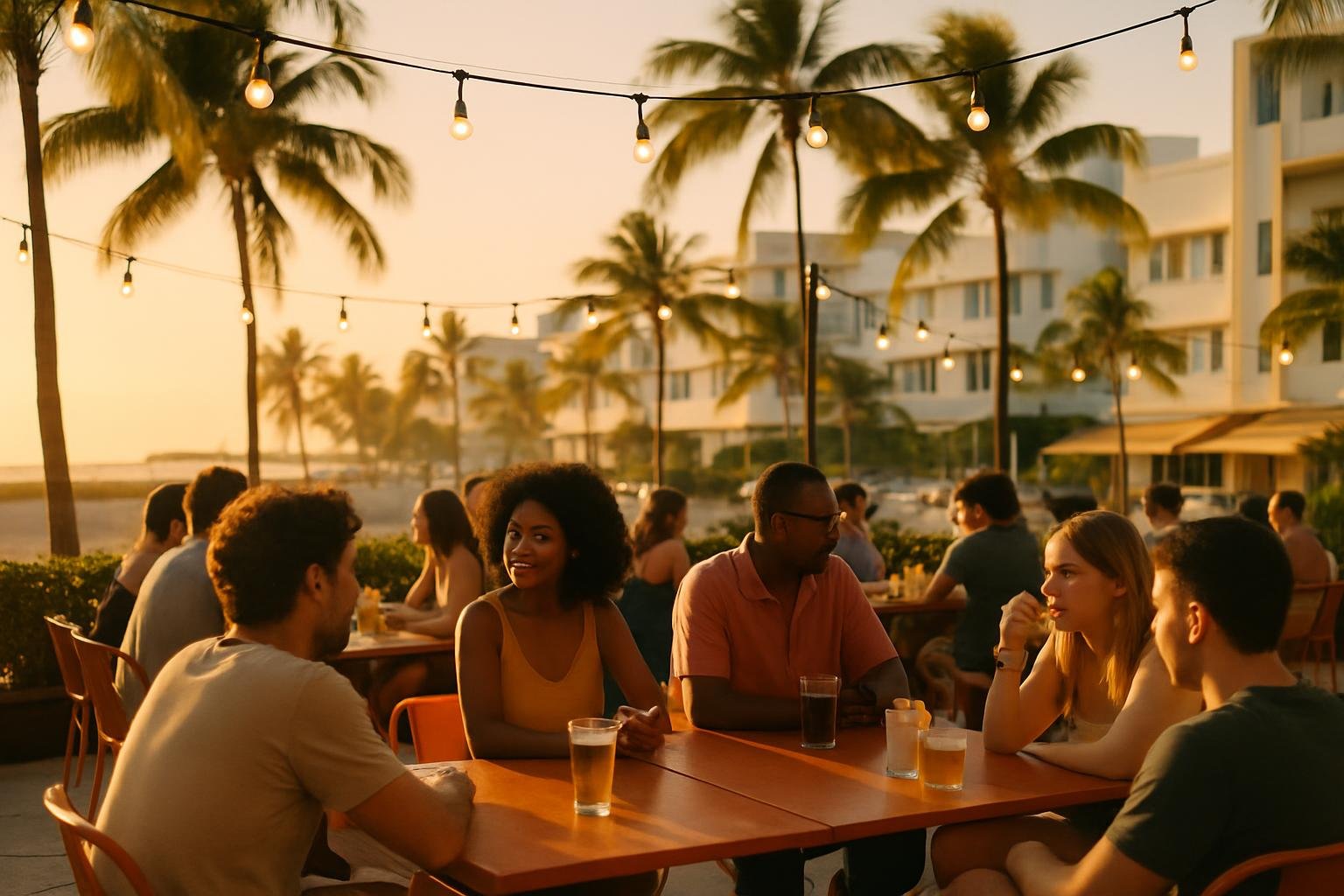 People enjoying drinks on a Miami Beach patio at sunset, with string lights and ocean views.