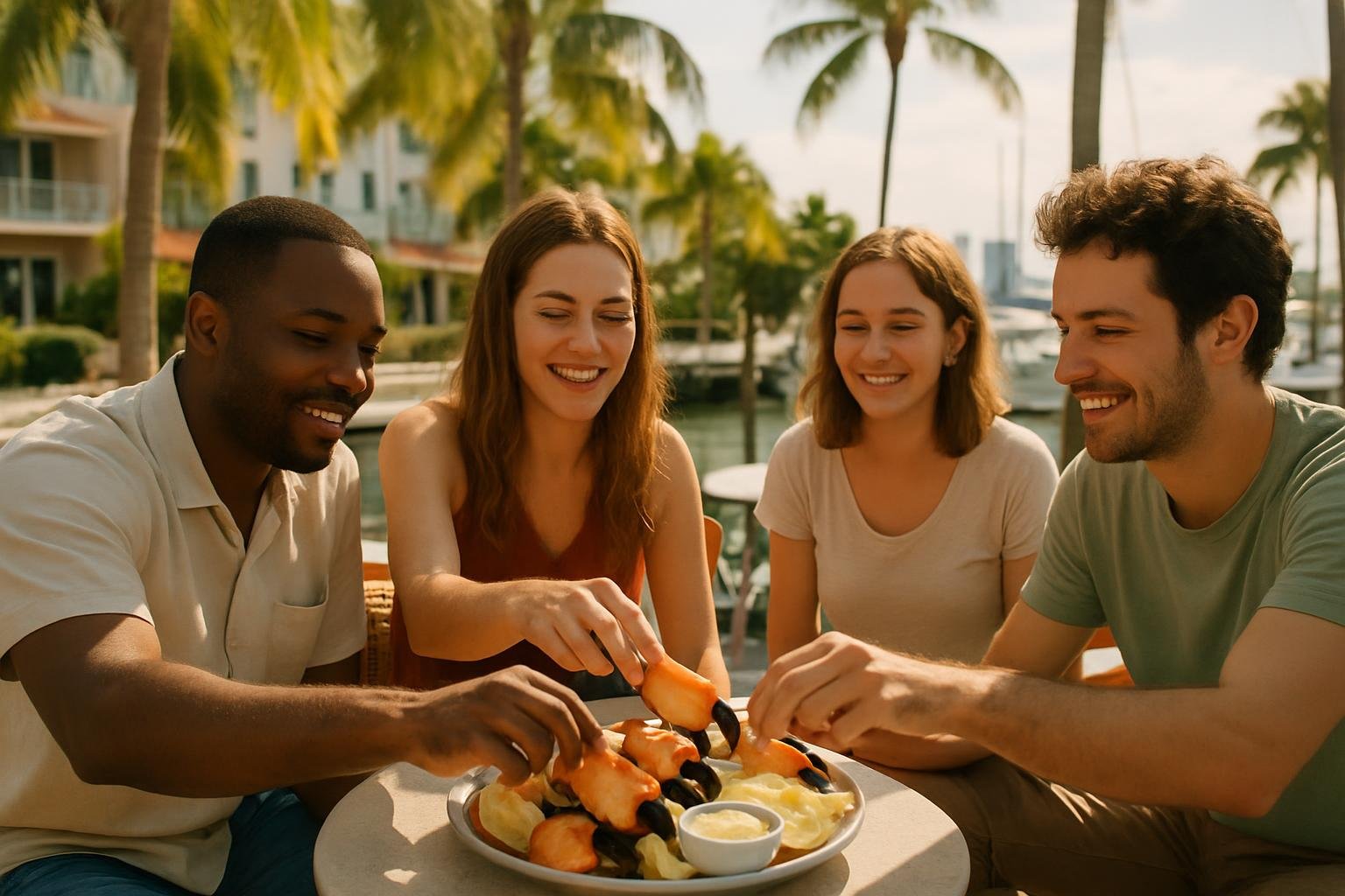 Friends sharing stone crab at an outdoor waterfront restaurant in Miami with boats and palm trees.