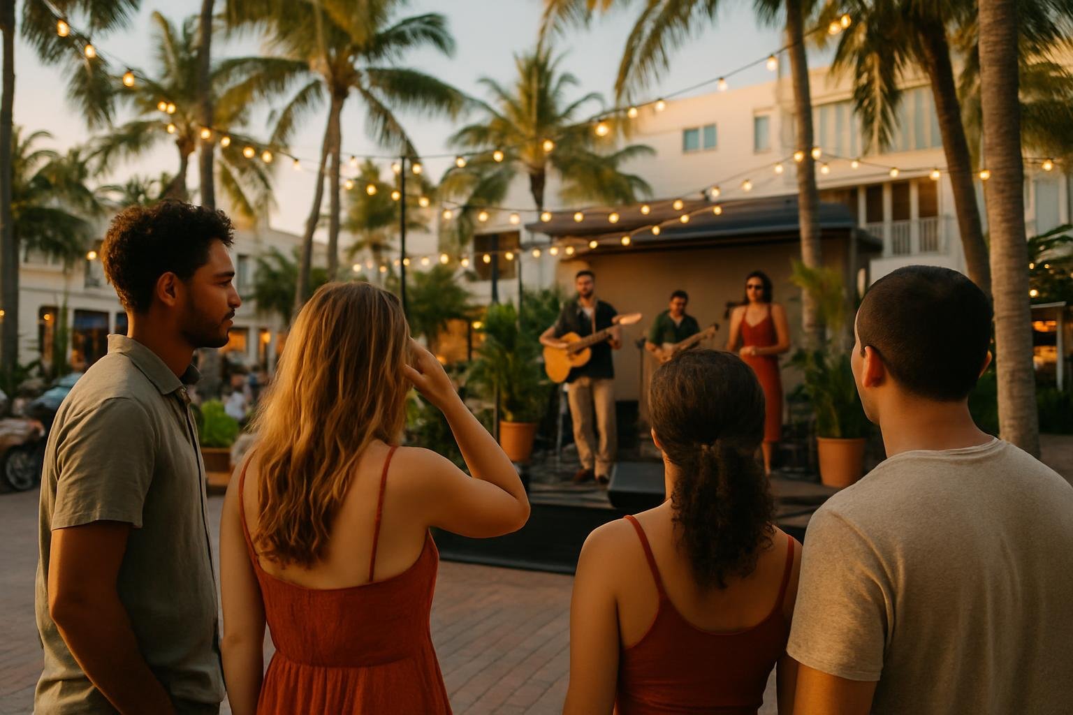 People enjoying a live outdoor concert in Miami beneath string lights among tropical plants.