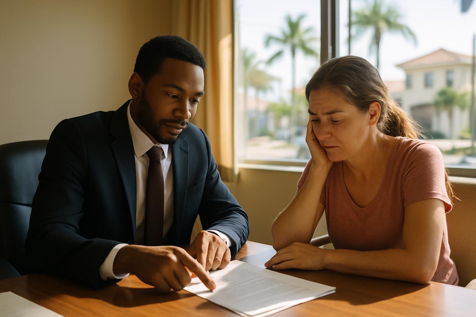 Attorney in a Florida law office consulting with a client, bright and calm setting