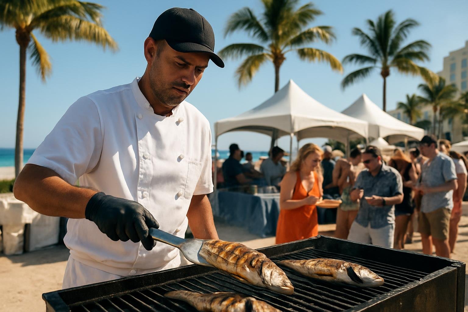 Seafood chef grilling fish at a busy South Beach festival with ocean in background.
