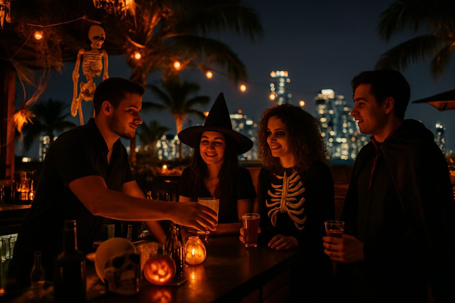 Miami rooftop bar at night with Halloween decor, costumed guests, and city skyline.