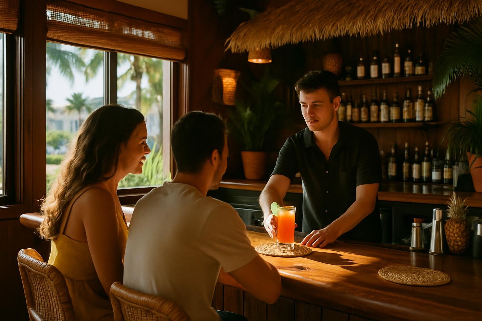 Bartender makes a cocktail at Miami Beach bar decorated with tropical accents and sunlit windows.