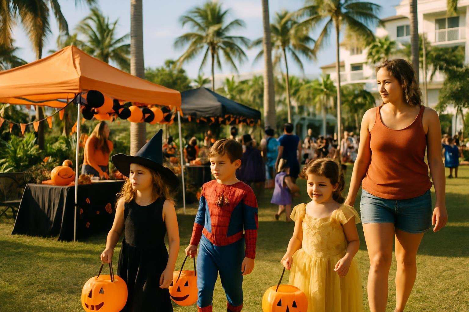 Miami park Halloween festival with costumed children trick-or-treating among decorated booths.