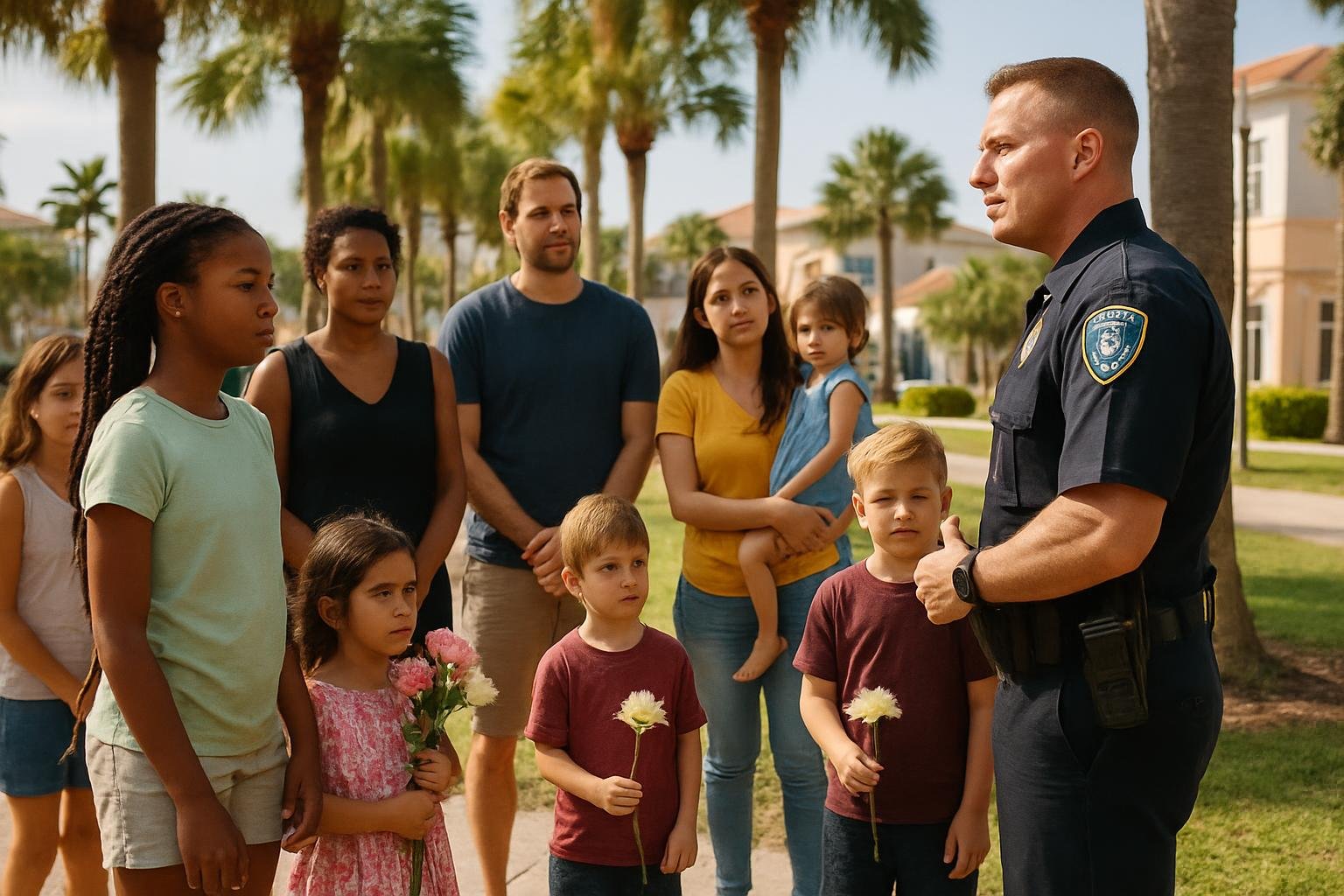 Families and police officers at a memorial event in a Florida park