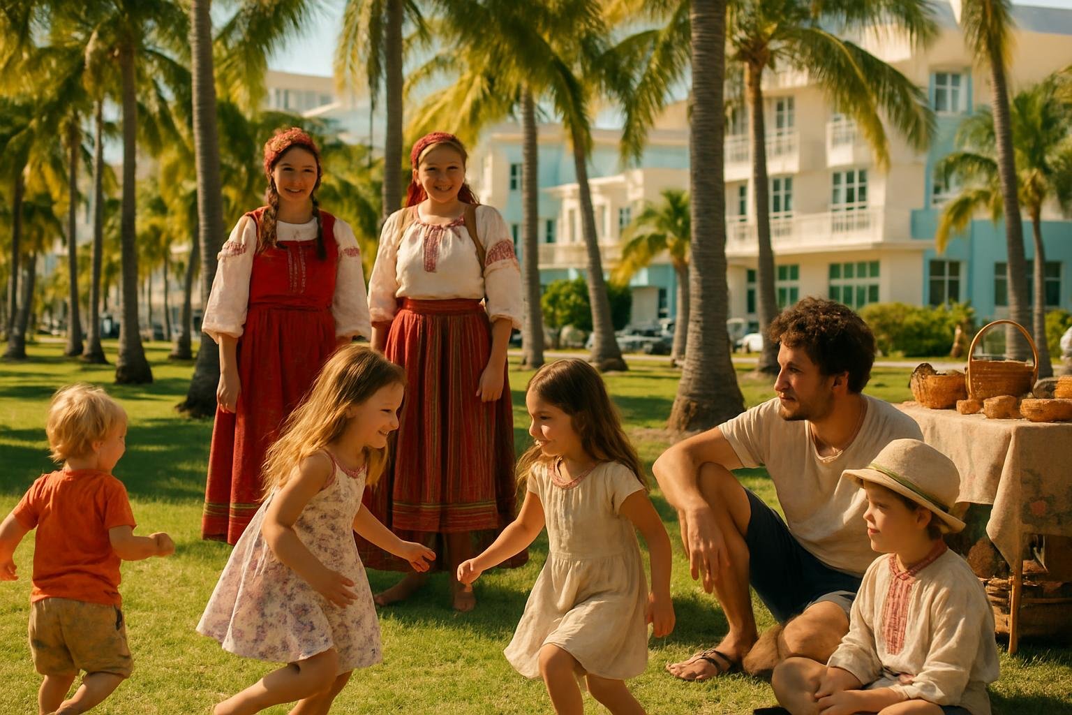 Family enjoying a folklore event in a sunlit Miami park with crafts and palm trees.