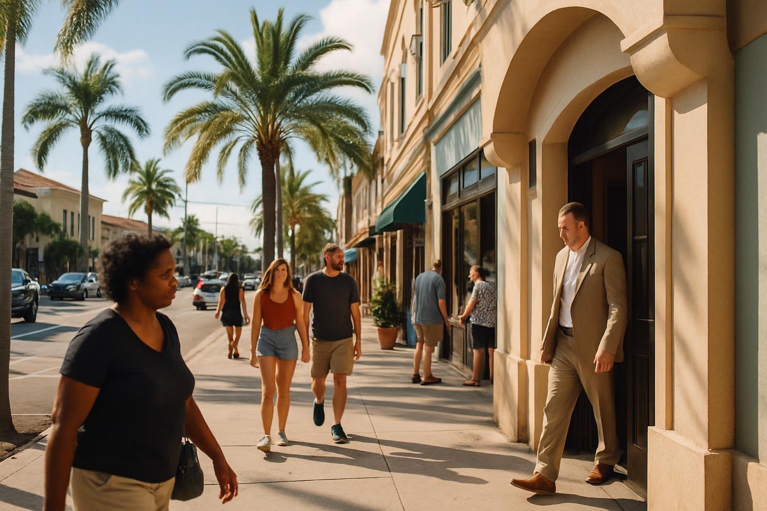 Tampa street lined with small businesses and a law office, palm trees in midday sunlight