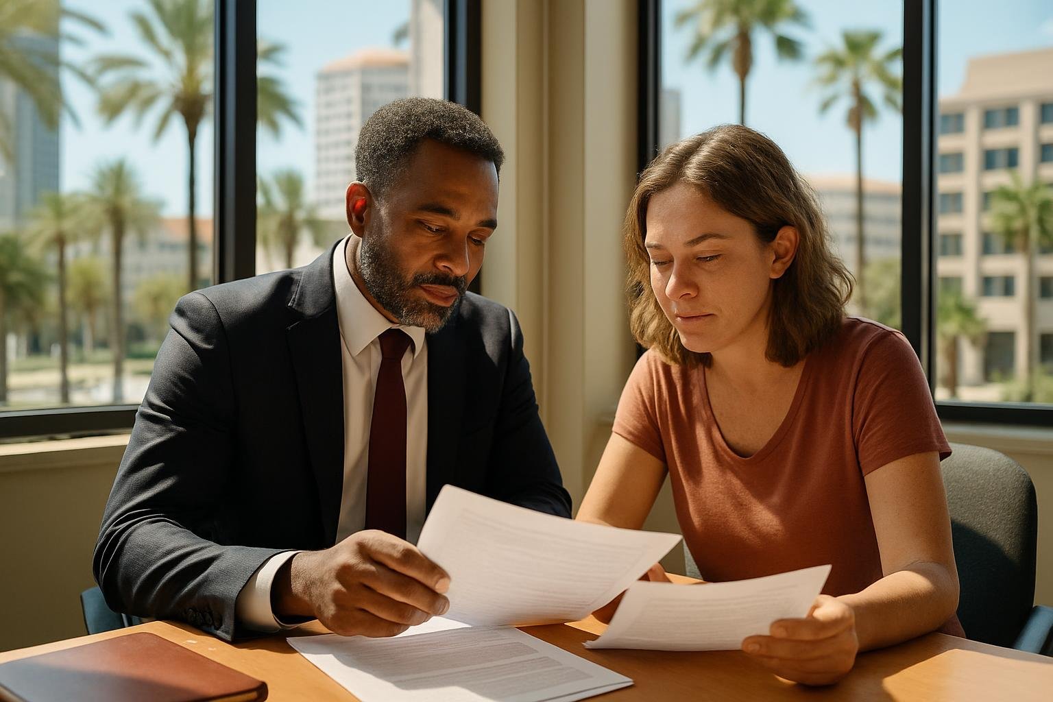 Attorney and client review paperwork in downtown Tampa office with palm trees outside.