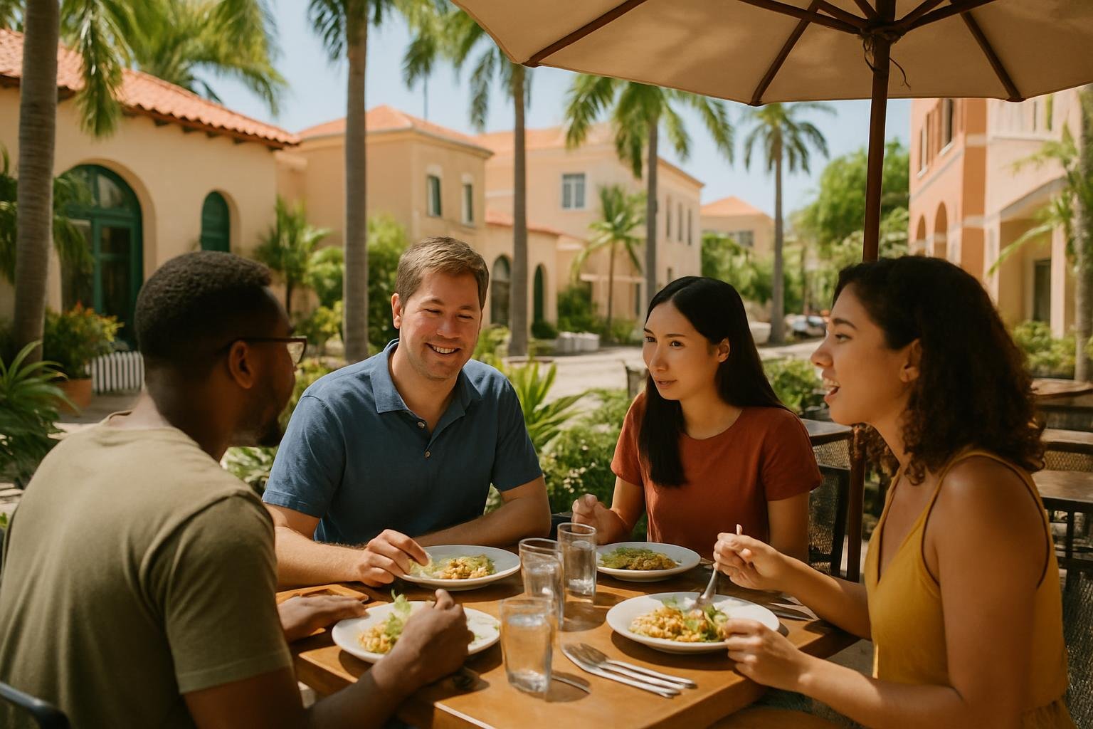 Diners sharing a meal on a palm-shaded patio in Coral Gables with pastel buildings in the background