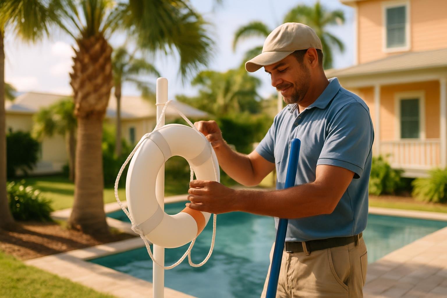 Pool technician inspects safety equipment beside a backyard pool under bright sun.