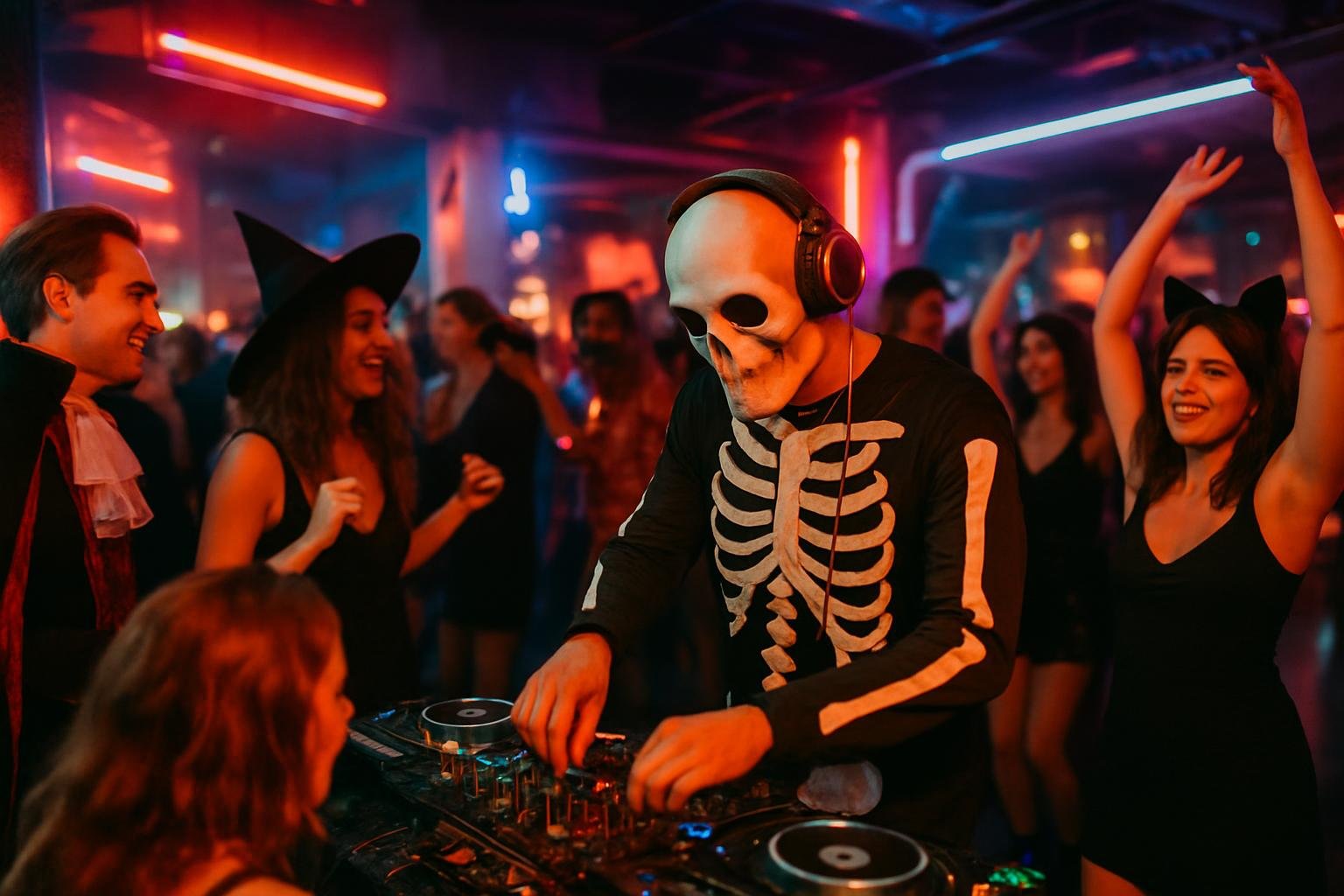 Miami nightclub Halloween party with DJ and dancing costumed crowd in festive lighting