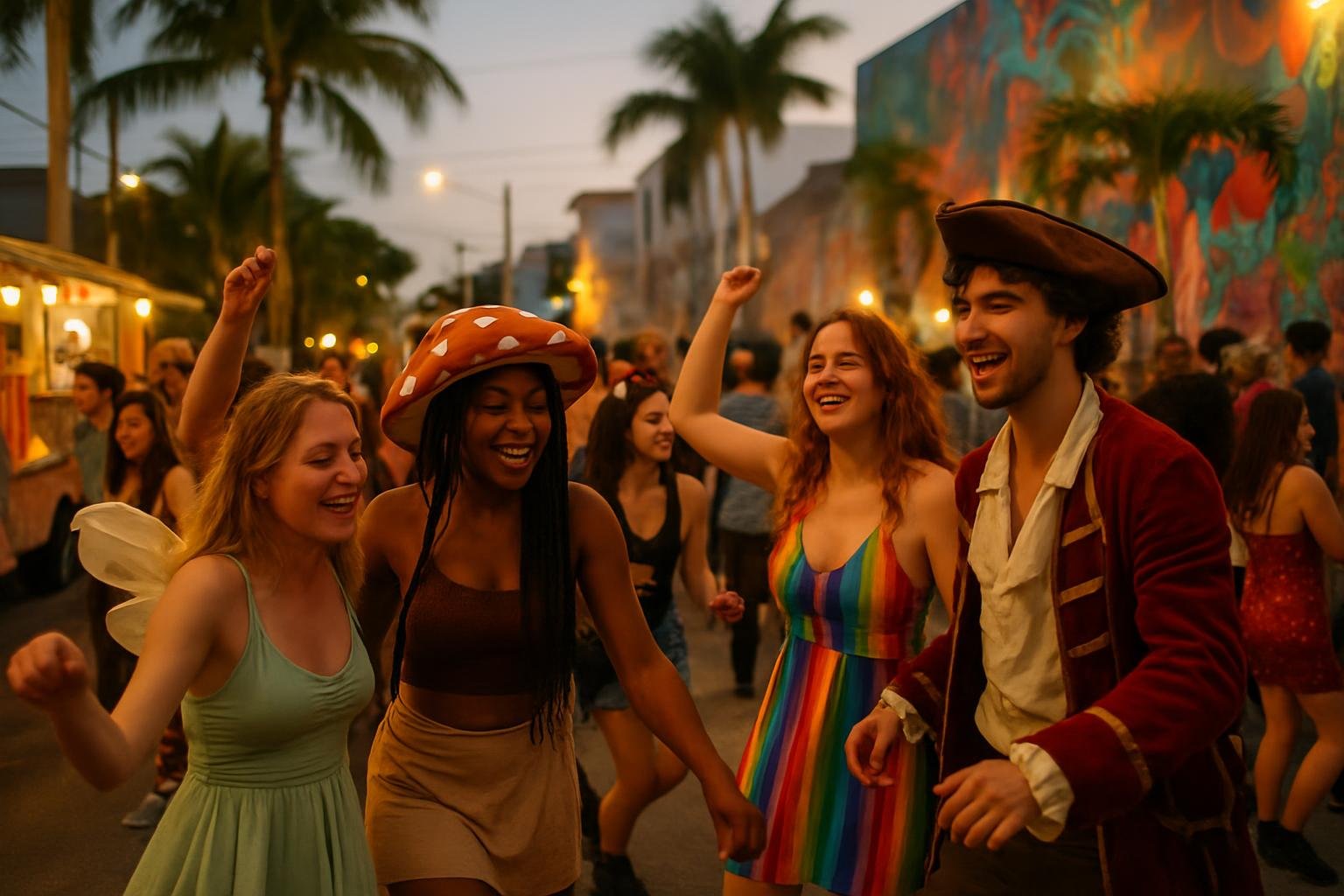 Wynwood block party with costumed groups dancing by murals and food trucks at dusk in Miami