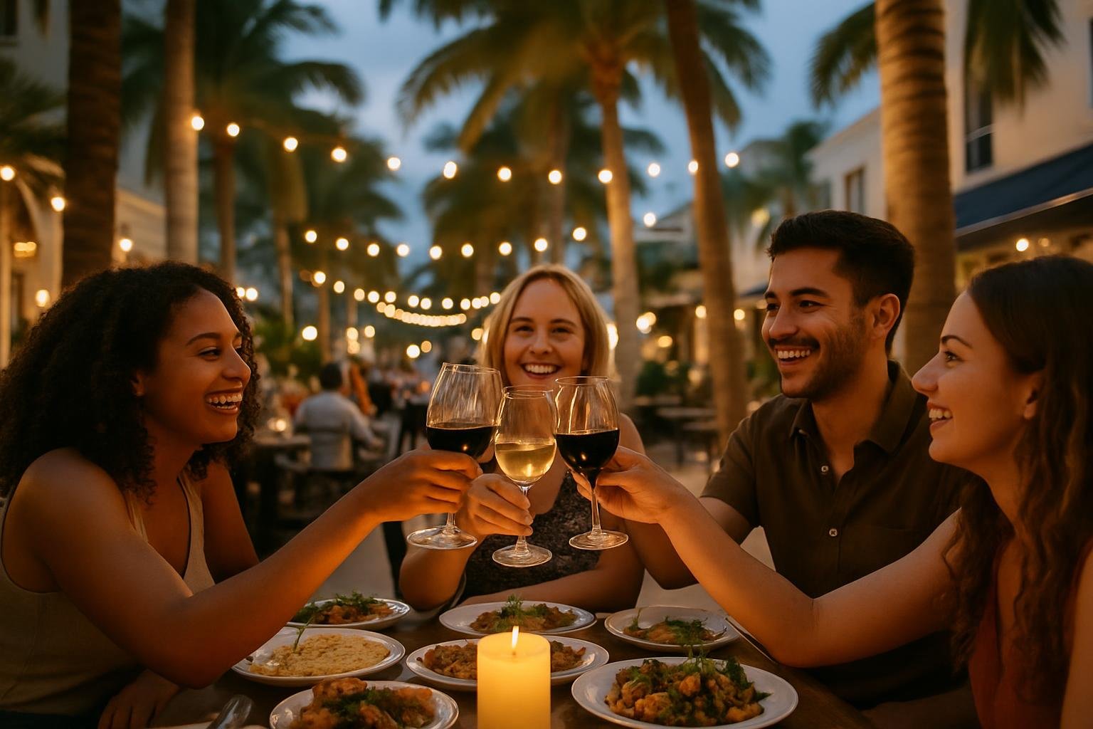 Friends celebrating with Mediterranean food at a candlelit outdoor Las Olas patio