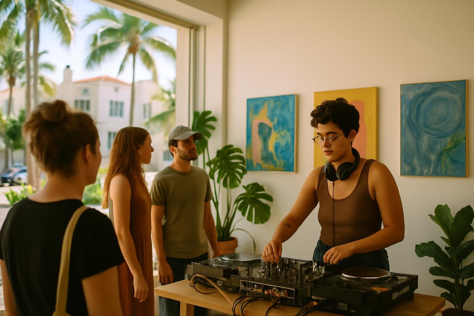 Miami art gallery with a DJ and audience during a live showcase, surrounded by art and tropical plants.