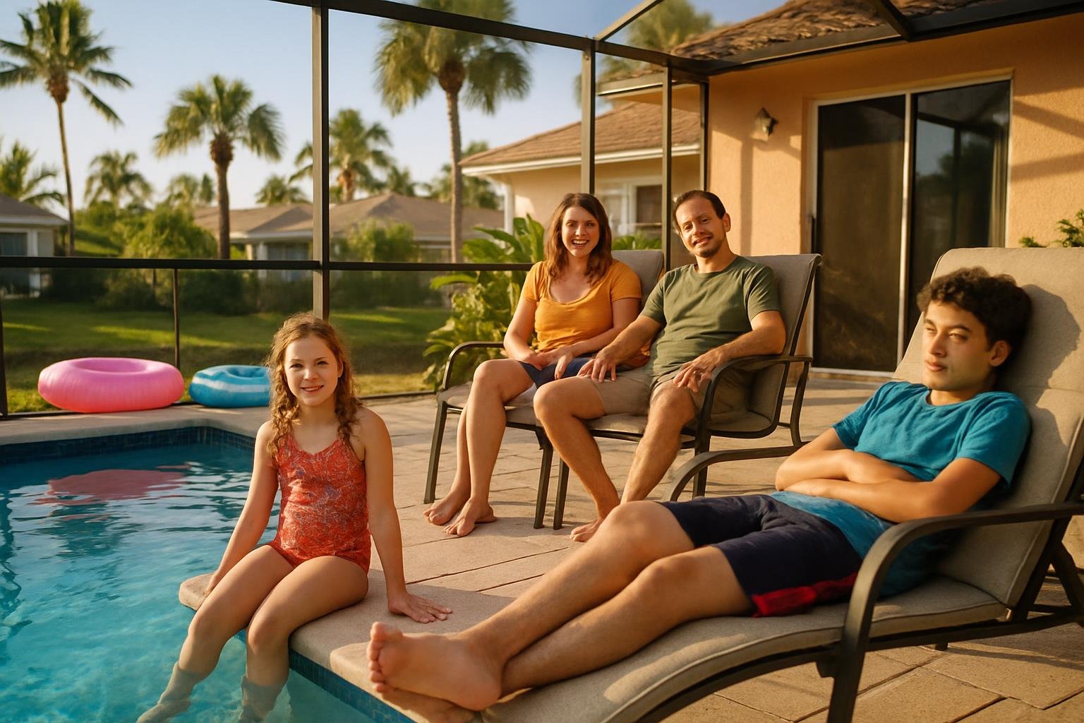 Family enjoys a screened patio by their pool with safety gear in sunny Florida neighborhood.
