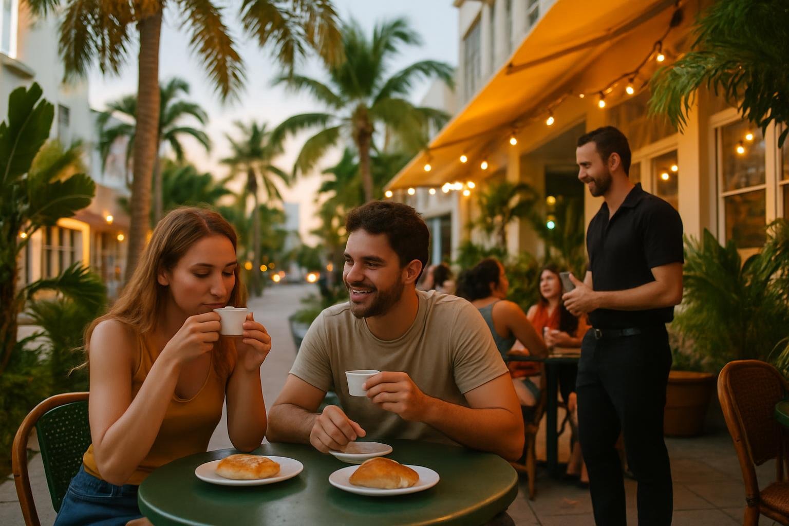 Outdoor Miami café at dusk with couples enjoying Cuban coffee and pastries