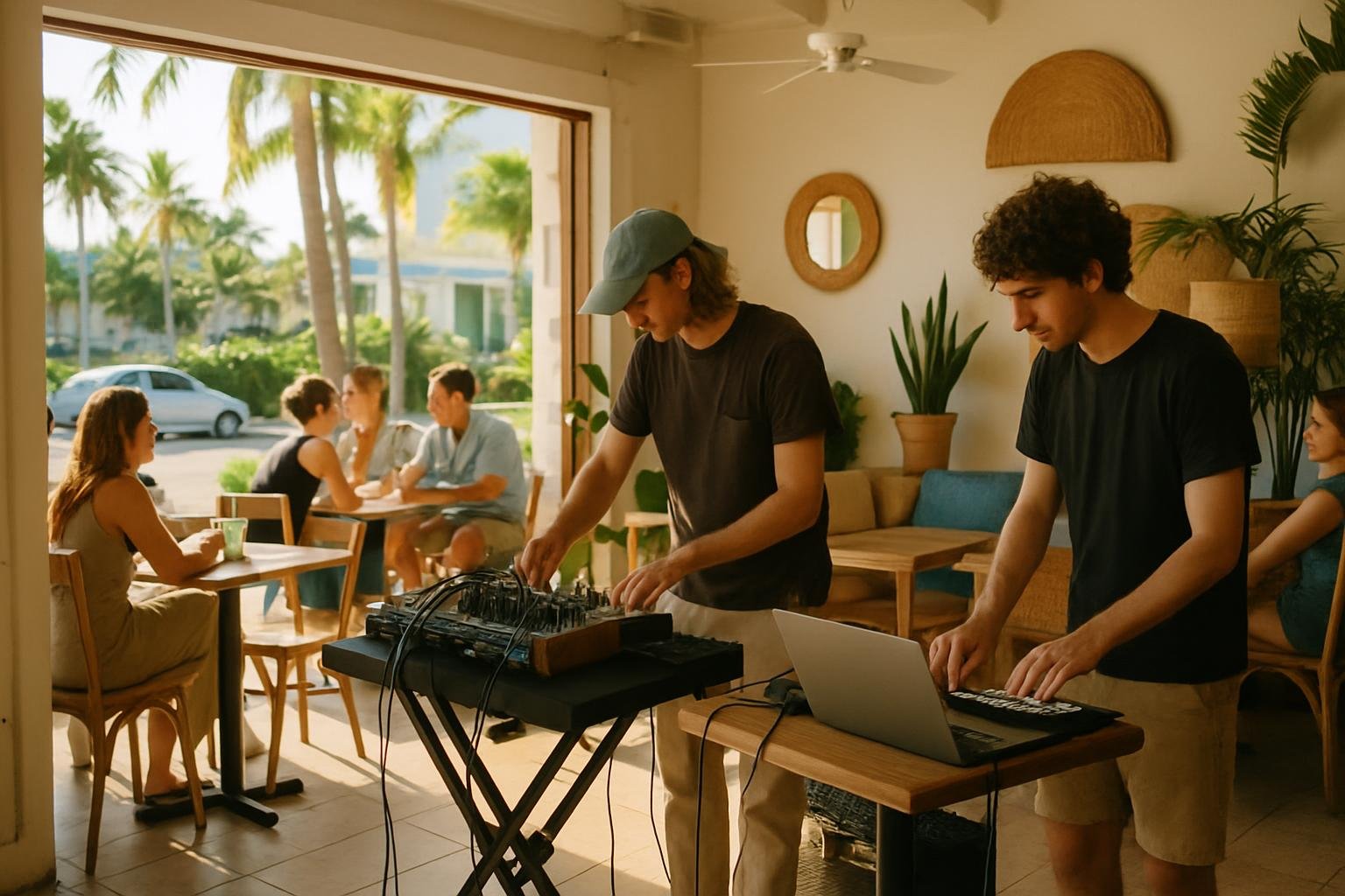 Cozy Miami coffee shop as musicians prepare for a set, with relaxed patrons and sunny coastal decor.