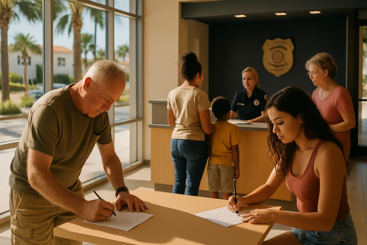 Residents speak with staff and fill forms in the lobby of a Florida police station.