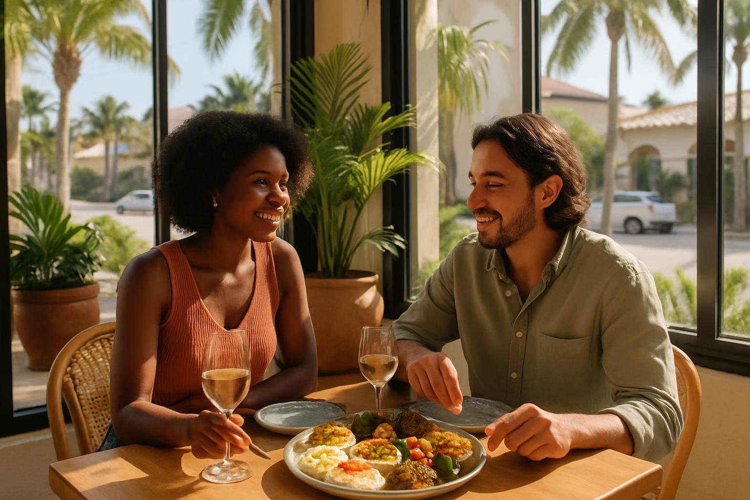 Couple sharing a Mediterranean meal in a bright Fort Lauderdale restaurant interior